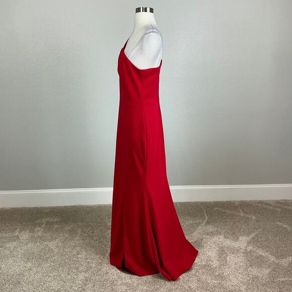 Red One Shoulder Evening Gown Size 14P XSCAPE Cut Out Thigh Slit Formal Dress - Picture 5 of 14